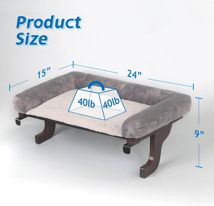 Zakkart Cat Perch for Window Sill with Bolster - Orthopedic Hammock Design with Premium Hardwood & Robust Metal Frame - Cat Window Seat for Large Cats and Kittens - Dark Stained Wood Gray Bed, 24''W