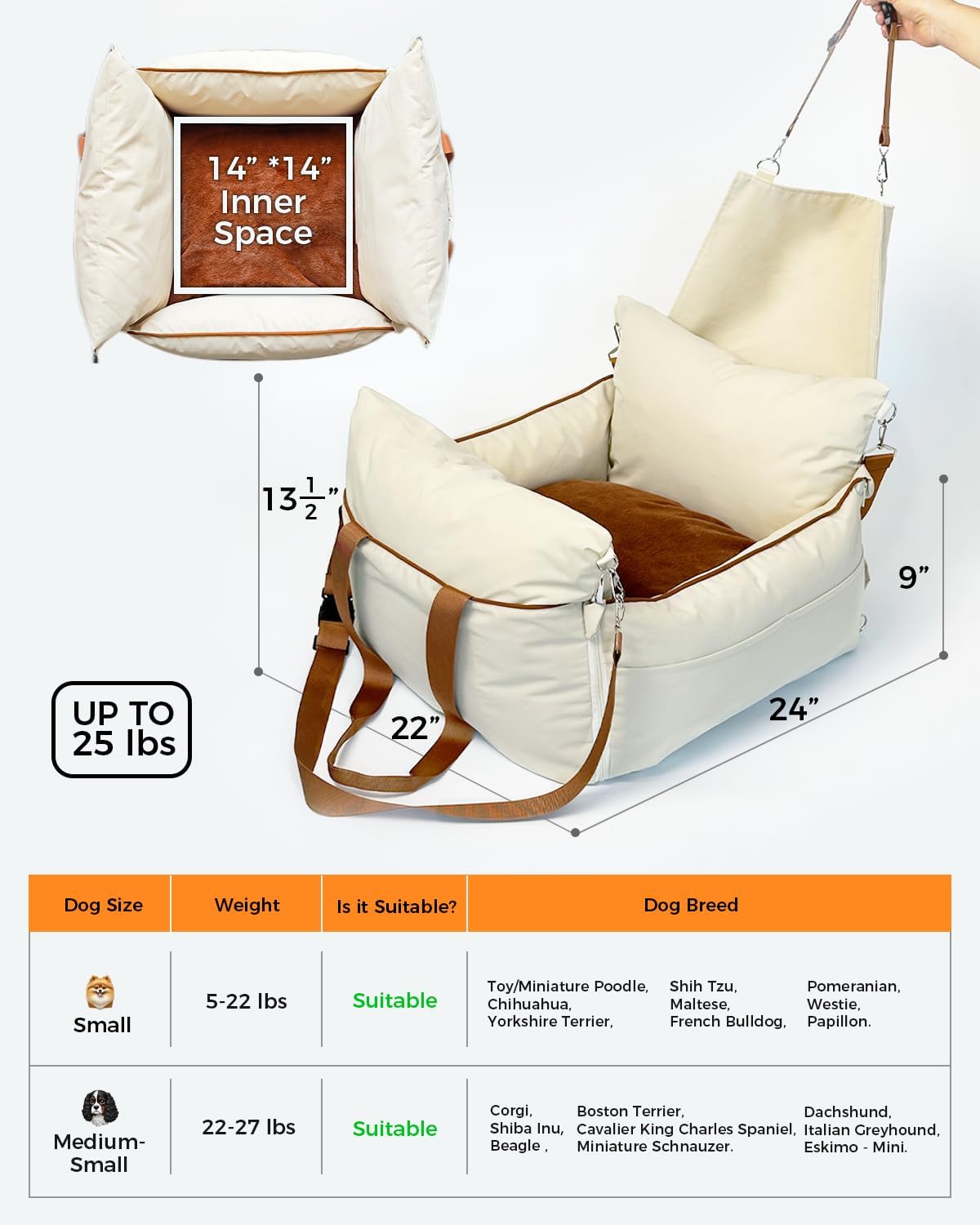 TINYBEAST Foldable Dog Car Seat for Small Dogs, Waterproof Dog Booster Seat with Backrest Protector, Portable Washable with Storage Pockets and Clip-On Leash, Car Travel Carrier Bed, Beige