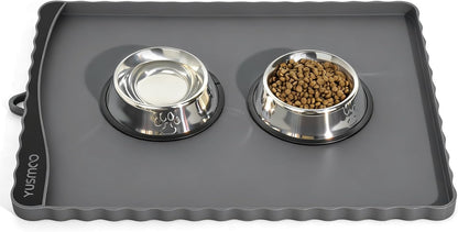 Dog Food Mat 20" x 15", Waterproof Silicone Pet Feeding Mat with Raised Edge & Residue Pocket, Non-Slip Bowl Mat for Dog Cat Food and Water, Easy to Clean Floor Protector