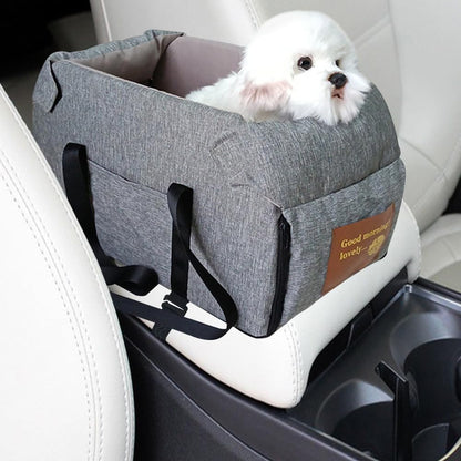 Center Console Dog Car Seat Portable Pet Car Seats Multi-Purpose Dog Booster Seats Travel Pet Bed with Soft Cushion Safety Belt Adjustable Straps and Storage Pocket for Small Pet