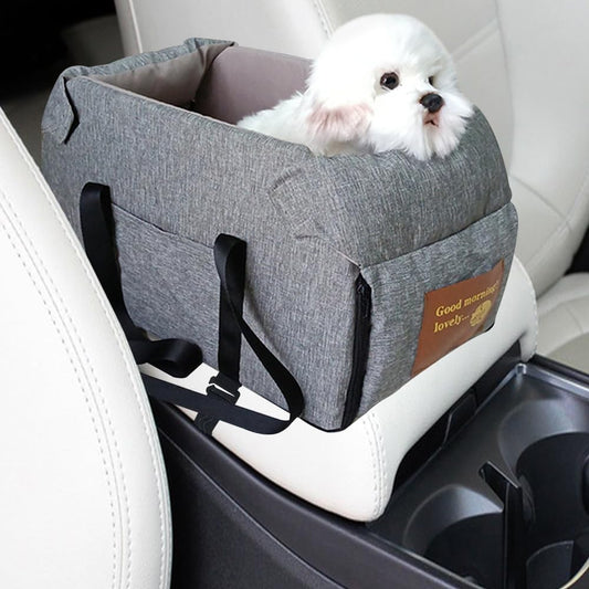 Center Console Dog Car Seat Portable Pet Car Seats Multi-Purpose Dog Booster Seats Travel Pet Bed with Soft Cushion Safety Belt Adjustable Straps and Storage Pocket for Small Pet