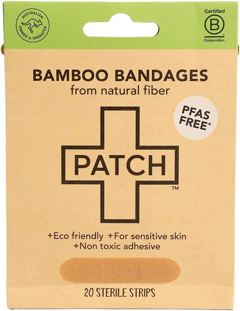 PATCH Natural Eco-Friendly Bamboo Adhesive Sensitive Skin Bandages, Hypoallergenic Bandages for Sensitive Skin, Compostable, Biodegradable, Latex Free and Plastic Free, 20pk