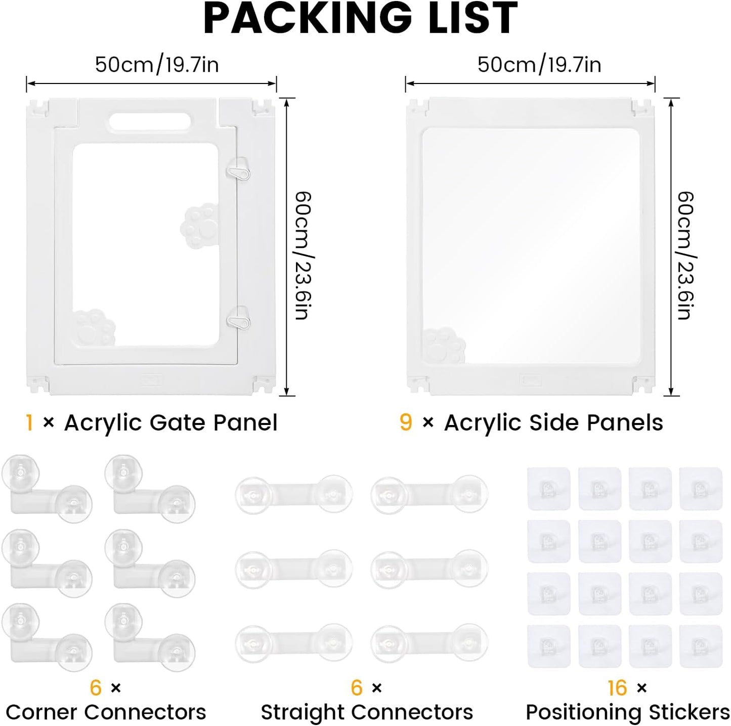 WICHEMI Acrylic Dog Playpen Indoor 10 Panels, Dog Play Pen Indoors 23.6" H, Puppy Play Pen with Double Door Lock, Small Animal Playpen with Suction Cup, White