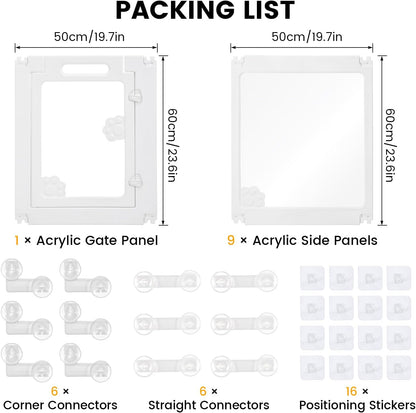 WICHEMI Acrylic Dog Playpen Indoor 10 Panels, Dog Play Pen Indoors 23.6" H, Puppy Play Pen with Double Door Lock, Small Animal Playpen with Suction Cup, White
