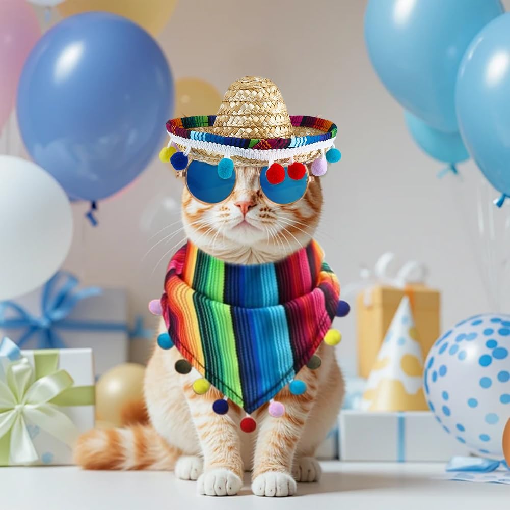 9-Piece Mexican Dog Costume Set - Cat Bandana, Triangle Bib, Sombrero, Pet Mustache Decoration, Sunglasses Decoration