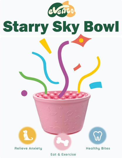 Slow Feeder Bowl Bundle: Light Blue Frozen Lick Mat (6.0" x 1.0") + Pink Starry Sky Feeder (5.3" x 3.7"), Freeze-Friendly Lick Bowl with Suction Cups for Enrichment and Anxiety Relief