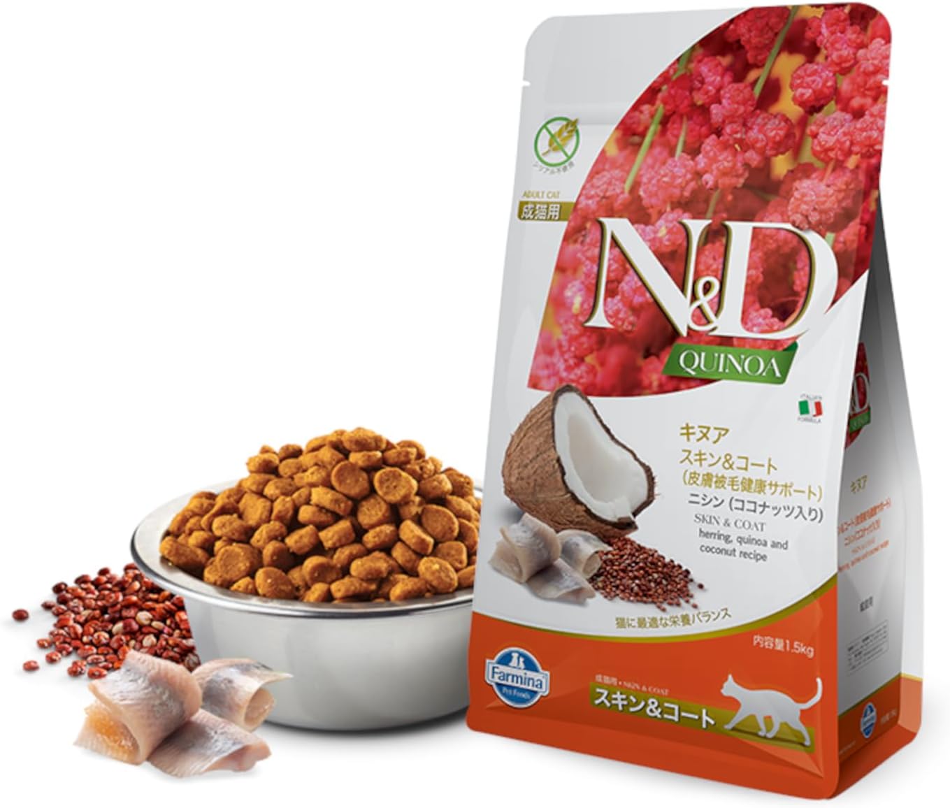 Farmina N&D, Quinoa Skin & Coat Herring, Quinoa, Coconut and Turmeric Recipe Adult Dry Cat Food, 3.3lb