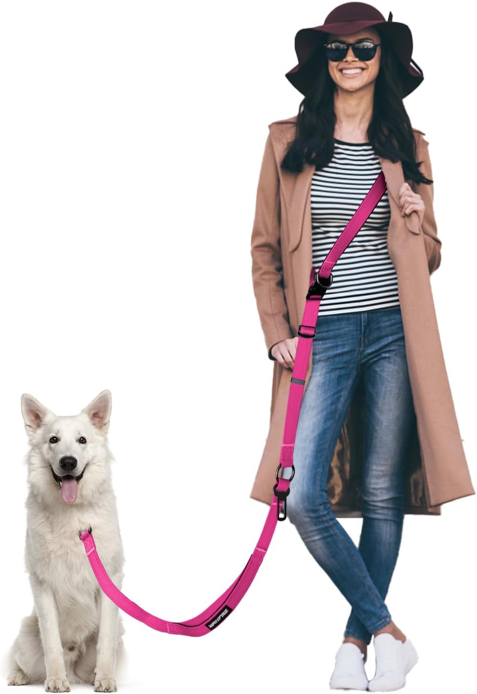 Hands Free Dog Leash & Car Seatbelt, 5.9-9.5ft Crossbody Dog Belt with Dual Soft Handles, Shock-Absorbing, 360° Clip, Reflective Design for Walking, Running, Hiking, Travel. (Rosered)