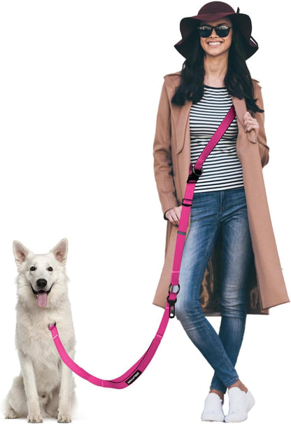 Hands Free Dog Leash & Car Seatbelt, 5.9-9.5ft Crossbody Dog Belt with Dual Soft Handles, Shock-Absorbing, 360° Clip, Reflective Design for Walking, Running, Hiking, Travel. (Rosered)