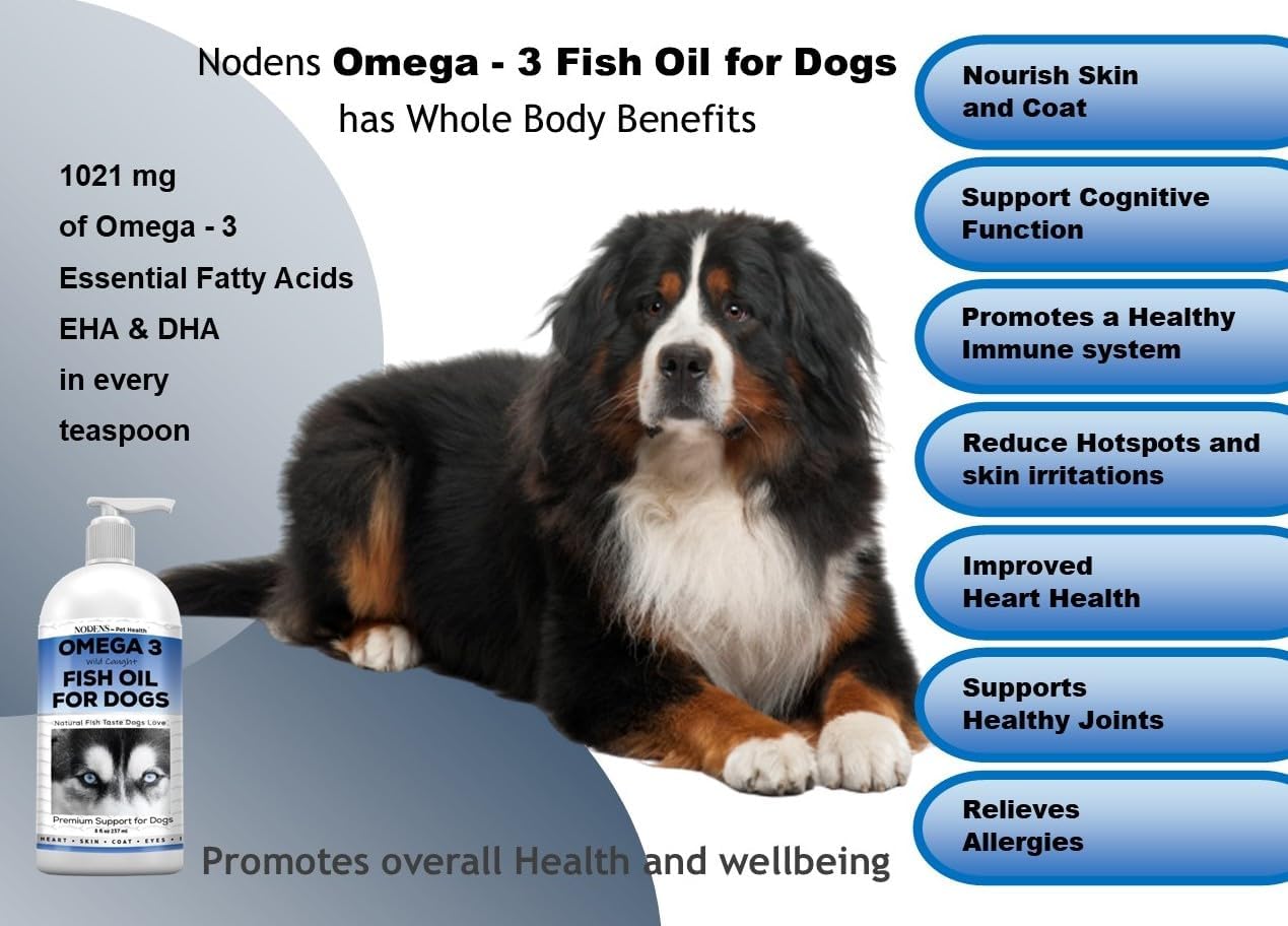 Nodens Natural Fish Oil for Dogs 100% Pure Omega 3 Fish Oil Liquid Dog Skin & Coat Supplement, Reduce Shedding and itching. Omega 3 Fatty Acids EPA & DHA for Dog Joints, Immune Support & Digestion