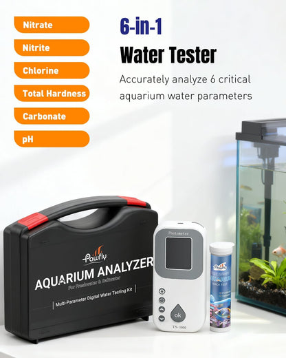Pawfly 6 in 1 Digital Water Testing Kit, 50 Strips Fresh/Salt Aquarium Water Test Kit, Fish Tank Water Testing Kit, Digital Water Tester for pH, Nitrate, Nitrite, Chlorine, Total Hardness & Carbonate