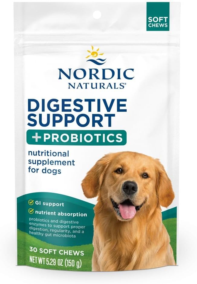 Nordic Naturals Pet Digestive Support with Probiotics, Pork Bone Broth Flavor - 30 Soft Chews - Nutritional Supplement for a Healthy Digestive System and GI Support - 30 Non-GMO Chews