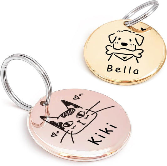 Cats Dogs Original Portrait Design for Cat Dog ID Tags – Stainless Steel Deep Engraving Customized Dog Collar Accessories (Round)