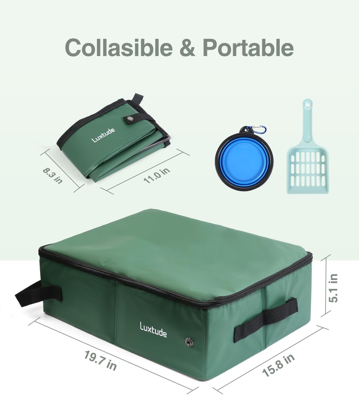Luxtude Portable Travel Litter Box for Cats, Large Collapsible Litter Box with Lid for Odor Control, Waterproof and Easy Clean, No Smell, No Leakage for Car Road Trip, Hotel Room(Green, Large)