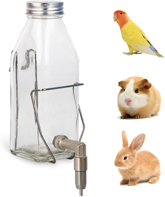 Guinea Pig & Rabbit Water Bottle, 350ml No-Drip Chew-Proof Glass Dispenser with Stainless Steel Nozzle for Hamster, Squirrel, Bird, Guinea Pig Cage (350-S)