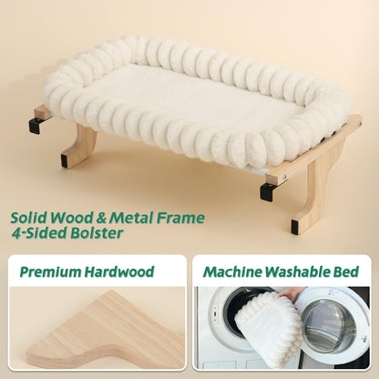 Zakkart SnugCloud Cat Window Perch with 4-Sided Bolster - Orthopedic Cat Hammock for Window Sill - Solid Hardwood & Metal Frame - Window Seat for Pets (Natural Color Wood w/White Bed, Medium)