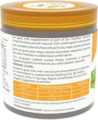 Pawfect Nature's Sip Goat Milk Powder with Pumpkin, Apple, Cinnamon & Pumpkin Seeds| Easily Digestible| Pre & Probiotics| Healthy Topper| Hydration Support| 24 Scoops| (120g/4.23oz)
