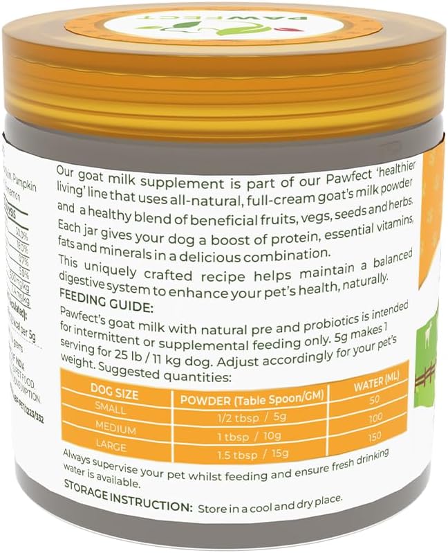 Pawfect Nature's Sip Goat Milk Powder with Pumpkin, Apple, Cinnamon & Pumpkin Seeds| Easily Digestible| Pre & Probiotics| Healthy Topper| Hydration Support| 24 Scoops| (120g/4.23oz)
