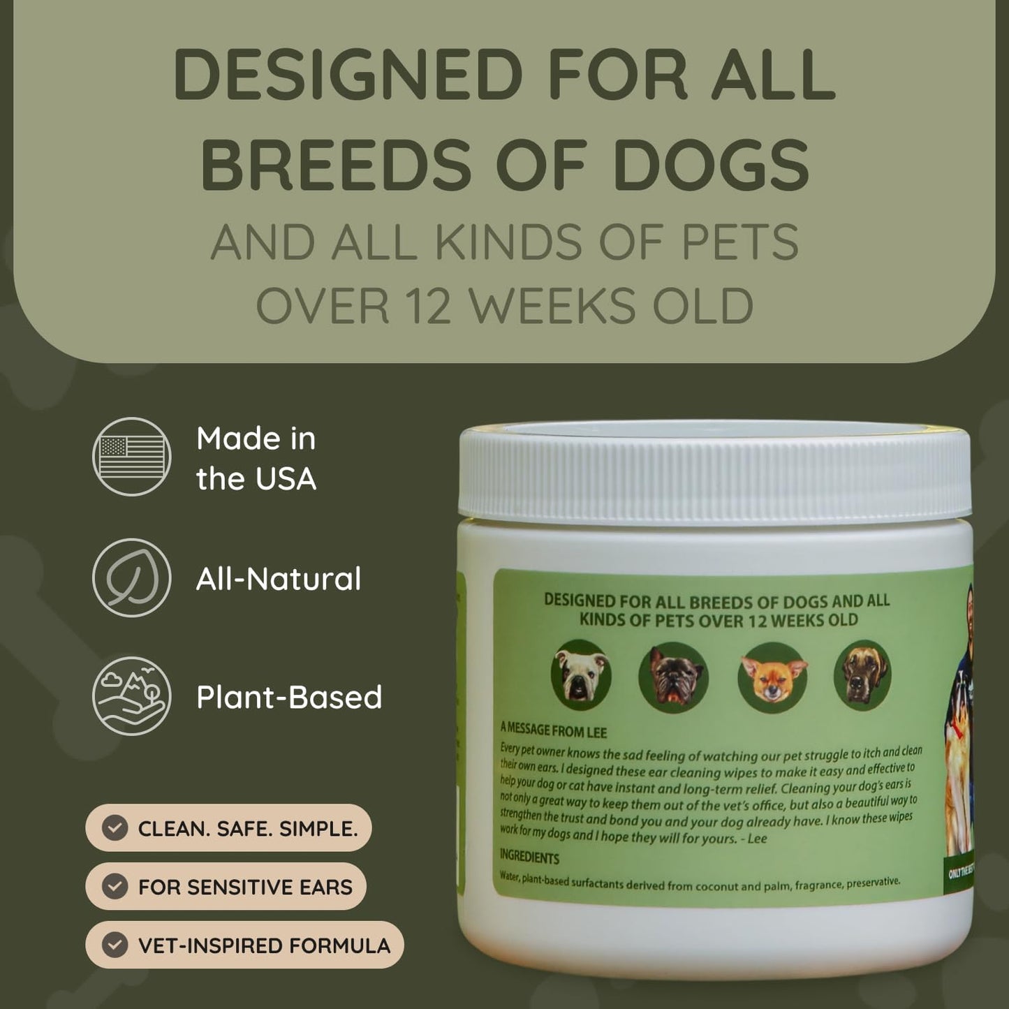 ASHER HOUSE WELLNESS Pet Ear Cleaning Wipes - Dog & Cat Plant-Based Ears Cleaner, Remove Wax & Dirt, Relieve Itch, Prevent Odor & Infection - Gentle for Pets Dogs Cats Over 12 Weeks, Made in USA