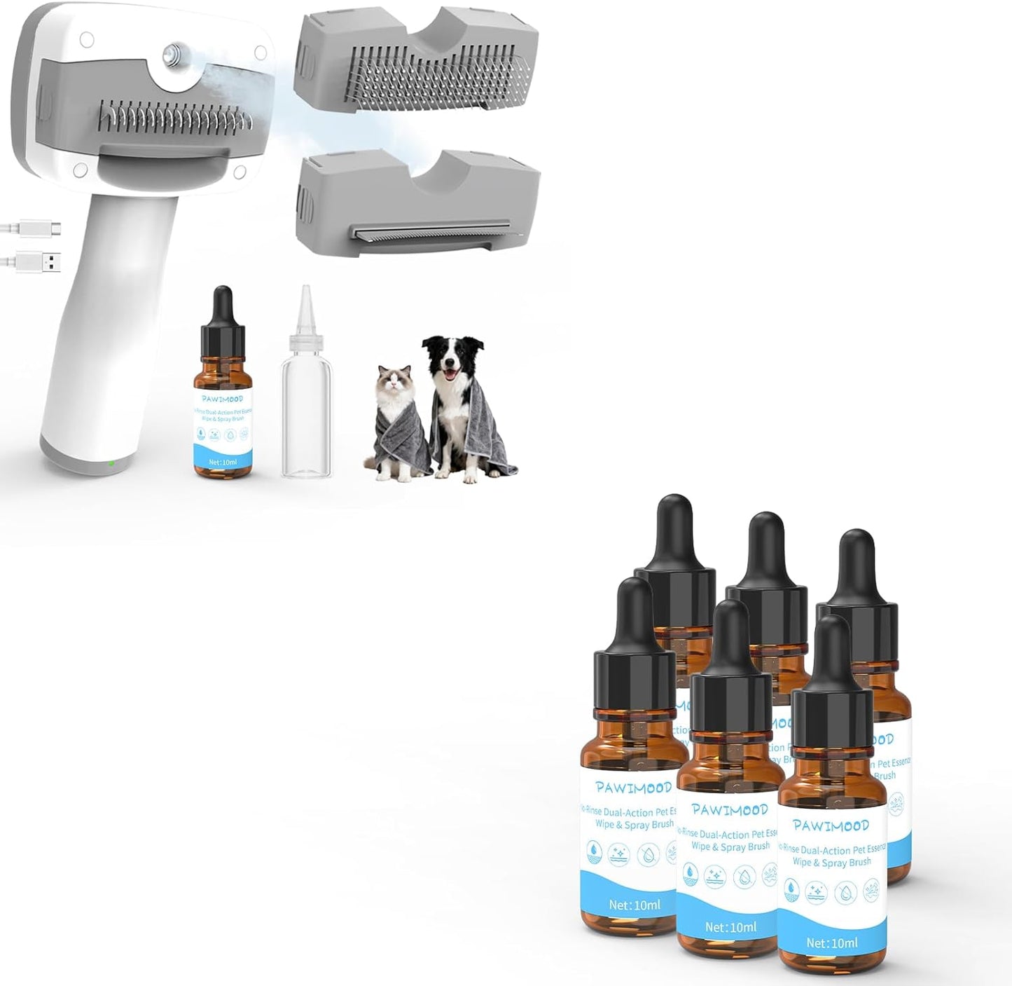 Pet Steam Brush for Dogs & Cats | Self-Cleaning Dog Steam Brush with 3 Brushes & Spray Function for Shedding, Dematting & Grooming | Includes 6PCS Pet Essence