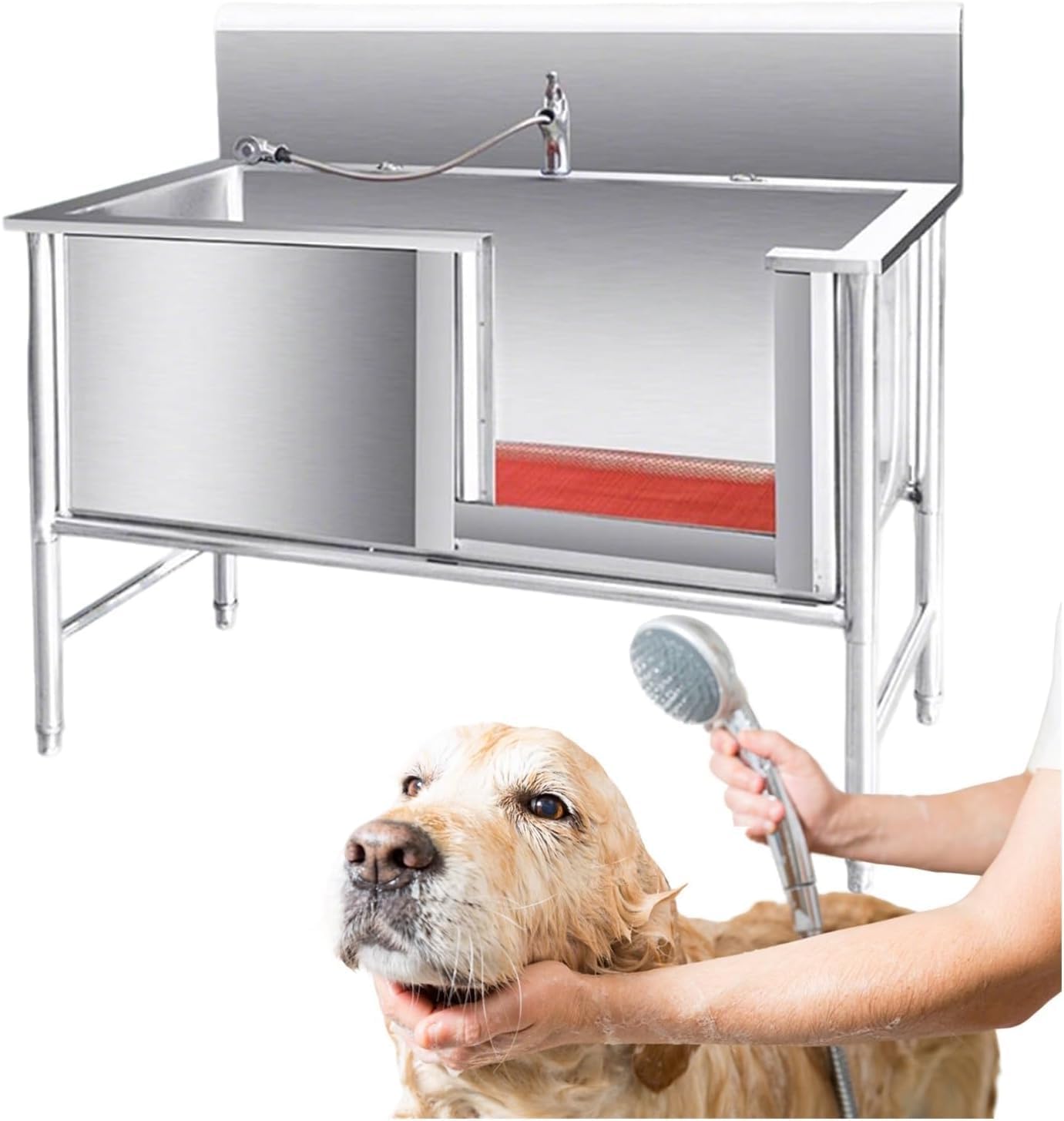 Stainless Steel Professional Pet Dog Grooming Bath Tub for Animal, Elevated Dog Wash Station, Large Pet Bathtub with Drain, Sliding Door, Faucet, Non-Slip Mat(Depth 50 cm)