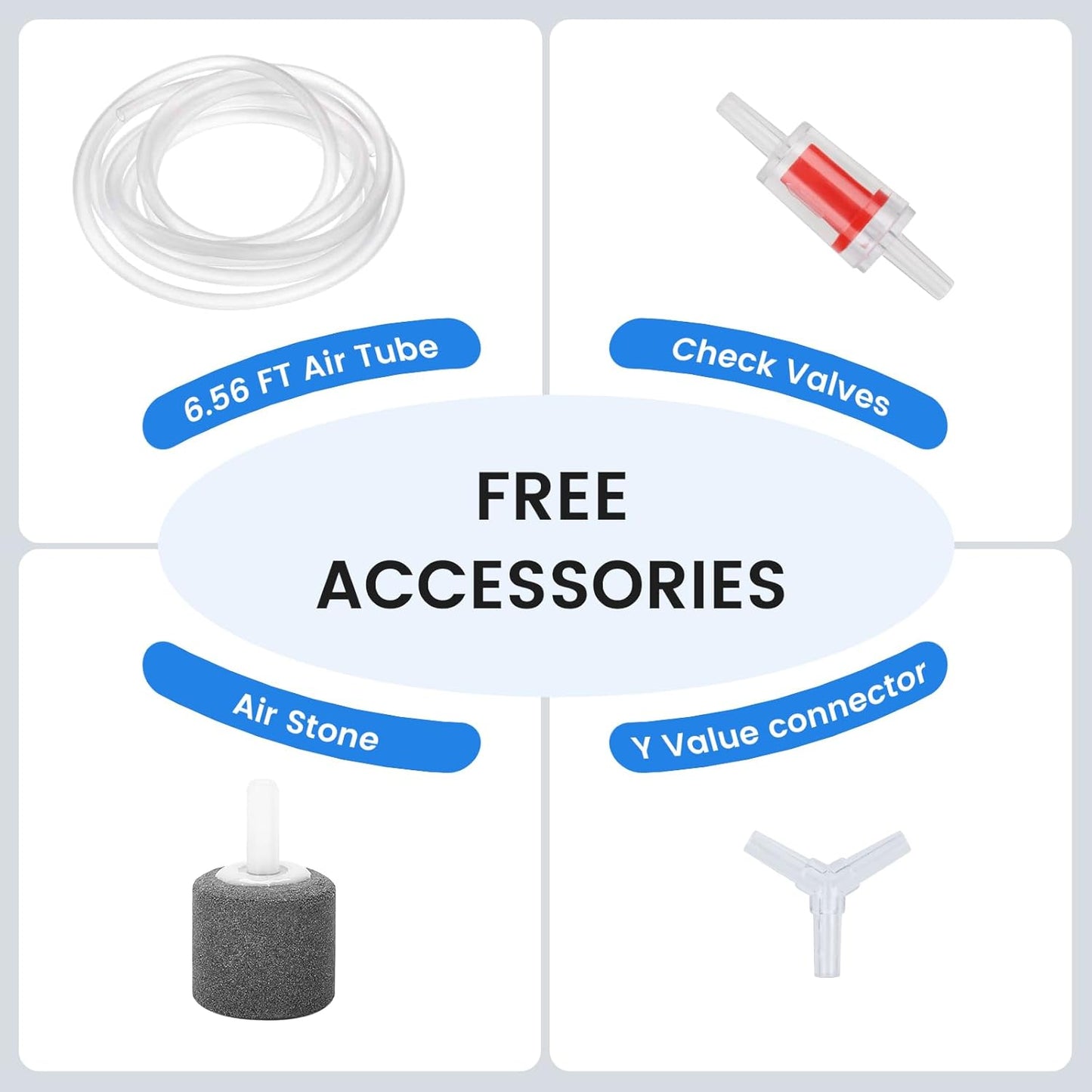 fishkeeper Quiet 3W/5W Aquarium Air Pump - Small & Powerful Dual Outlet Fish Tank Air Pump, Adjustable Oxygen Aerator Pump with Air Stone Bubbler Kits for 1-160Gal Fish Tanks (Silver-Gray, 2025 New)