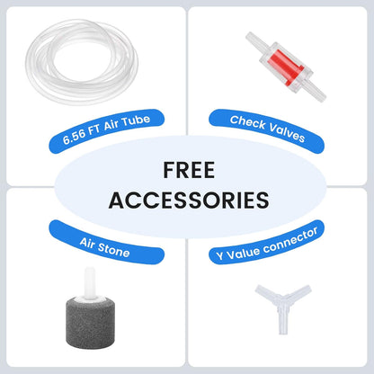 fishkeeper Quiet 3W/5W Aquarium Air Pump - Small & Powerful Dual Outlet Fish Tank Air Pump, Adjustable Oxygen Aerator Pump with Air Stone Bubbler Kits for 1-160Gal Fish Tanks (Silver-Gray, 2025 New)