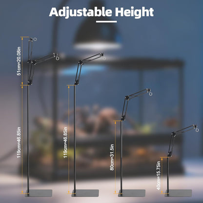 Reptile Lamp Stand, Adjustable 15-46 in Heat Lamp Stand, Metal Floor Light Holder with 180° Adjustable Swing Arm for Reptile Glass Terrarium Heating Light