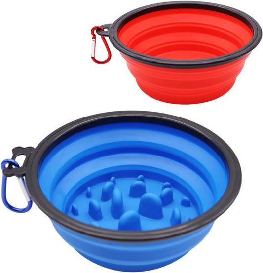 Large Collapsible Dog Bowl for Traveling Hinking Camping,2-Pack Portable Silicone Bowls with2 Sizes(34oz+12oz),Foldable Bowl with Slow Feeding Function