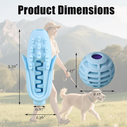 Dog Toothbrush Chew Toy Set, Corn-Shaped Dental Stick & Squeaky Ball for Small, Medium & Large Dogs, Teeth Cleaning, Chew Training, Stress Relief & Interactive Play (Blue)