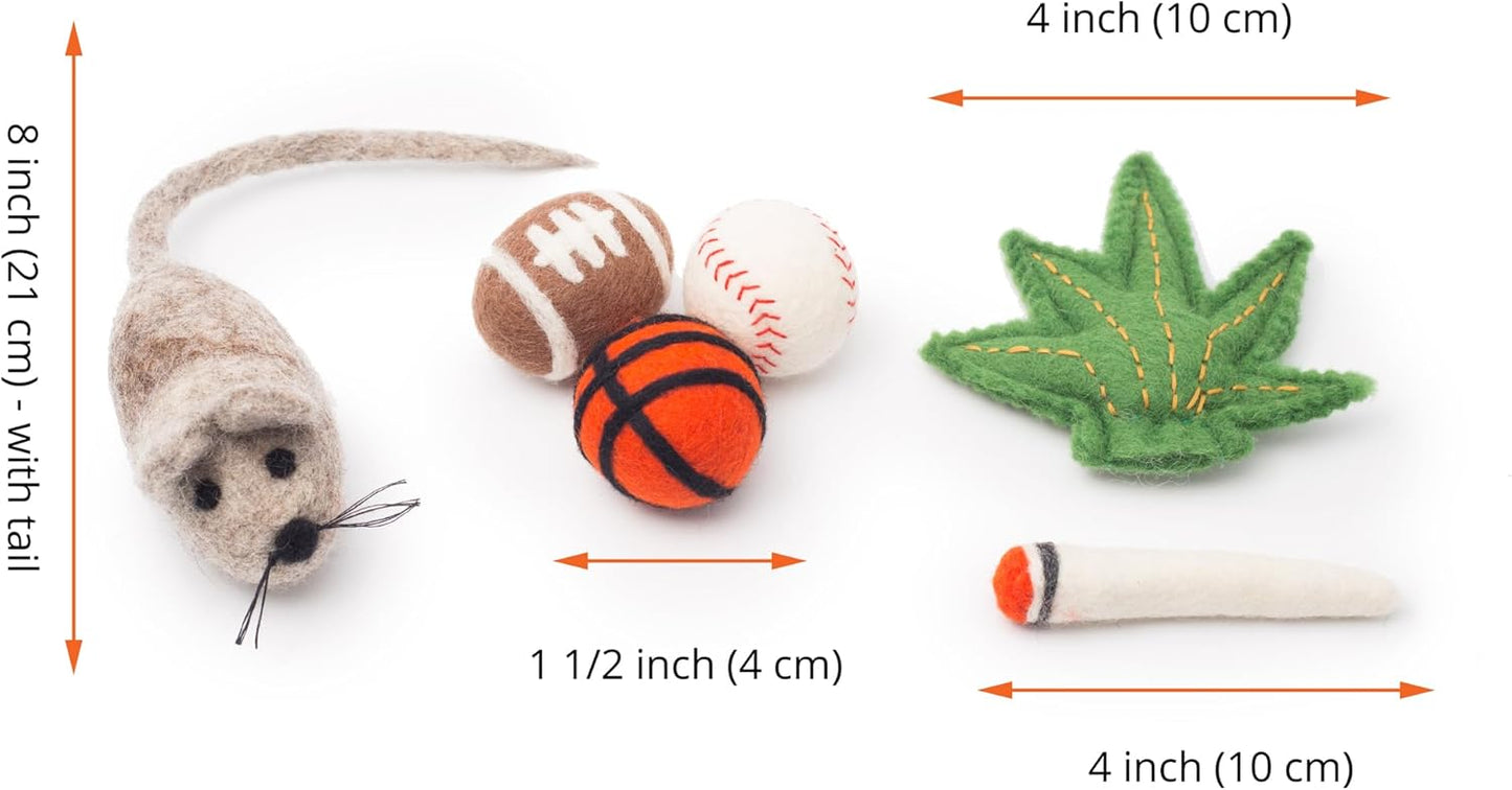 Glaciart One Indoor Catnip Cat Toy Pack - 6pc | Kitty Toys Include Wool Balls, Mouse & Joint Set| for Activity, Exercise & Play | Filled w/Organic Catnip to Excite/Calm Pet | Great Gift Idea