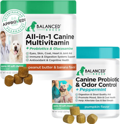 Balanced Breed Dog Health Bundle – All-in-1 Vitamins + Probiotics & Digestive Enzymes (2 × 60 Soft Chews)