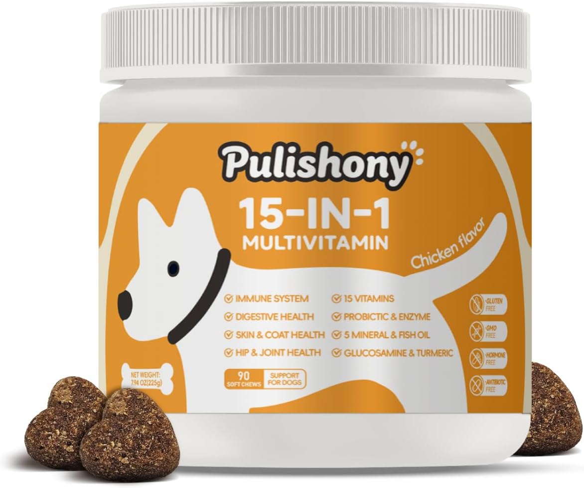 Multivitamin Treats for Dogs - Glucosamine Chondroitin for Joint Support + Digestive Enzymes & Probiotics - Grain Free Dog Vitamin for Skin & Coat + Immune Health+Liver Health - Chicken Flavor - 90ct