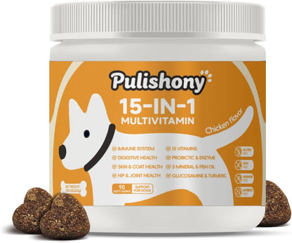 Multivitamin Treats for Dogs - Glucosamine Chondroitin for Joint Support + Digestive Enzymes & Probiotics - Grain Free Dog Vitamin for Skin & Coat + Immune Health+Liver Health - Chicken Flavor - 90ct