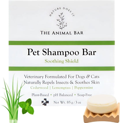 Soothing Shield Natural Pet Shampoo Bar for Dogs & Cats – Vet-Formulated for Itchy Skin Relief, Non-Toxic Flea & Tick Repellent – Soap-Free, Sulfate-Free – Lemongrass, Peppermint & Cedarwood – 3 oz