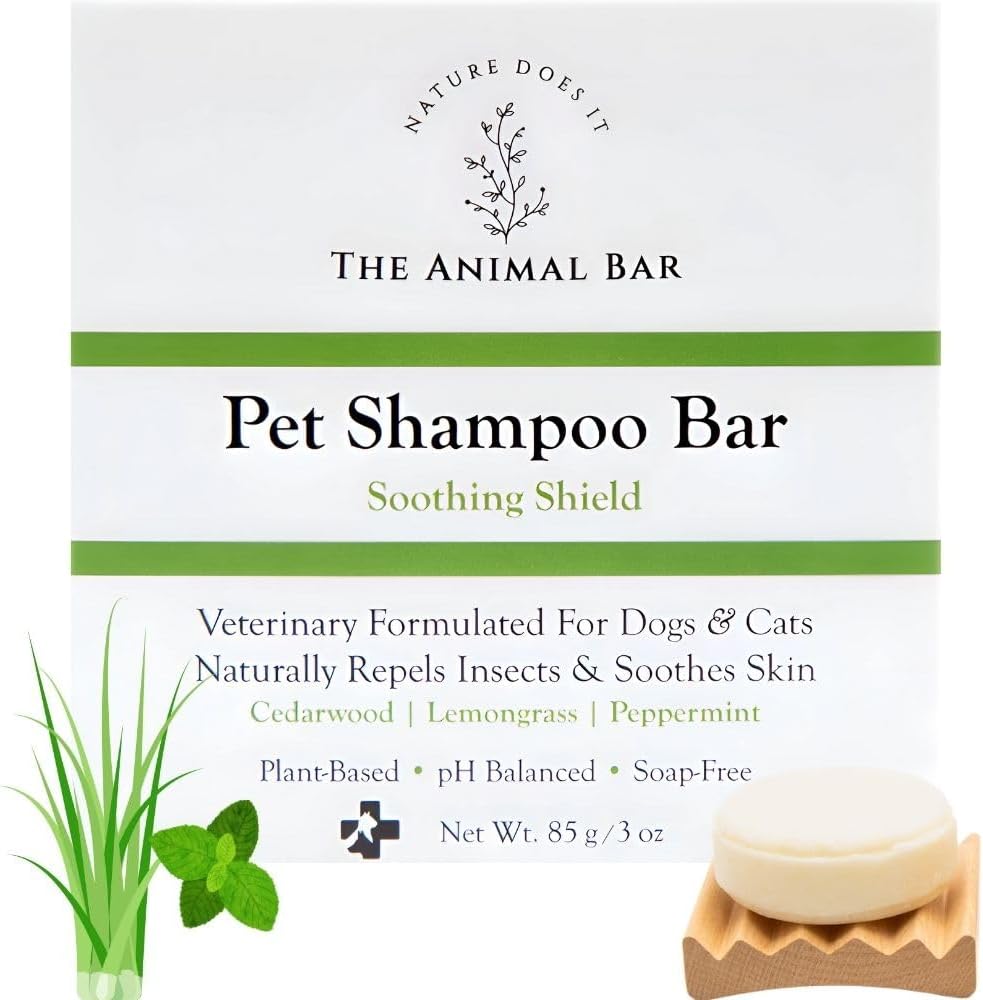 Soothing Shield Natural Pet Shampoo Bar for Dogs & Cats – Vet-Formulated for Itchy Skin Relief, Non-Toxic Flea & Tick Repellent – Soap-Free, Sulfate-Free – Lemongrass, Peppermint & Cedarwood – 3 oz