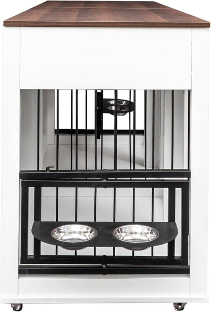 GREAZ Creates Stylish Comfort for Dogs with Heavy Duty Dog Cage, Double Door Design, Space-Saving Furniture Style, White and Walnut