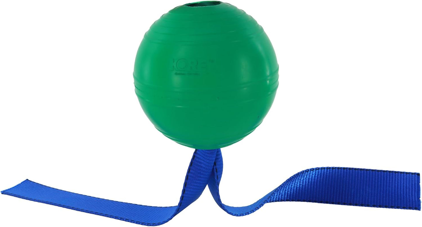 KoreFlex Ball & Tail - Horse-Equine Toy, 4.75" Green Ball, Shape Maintaining Rubber, Durable Strap, Treat Stuffing Center, Toss-Bounce-Play