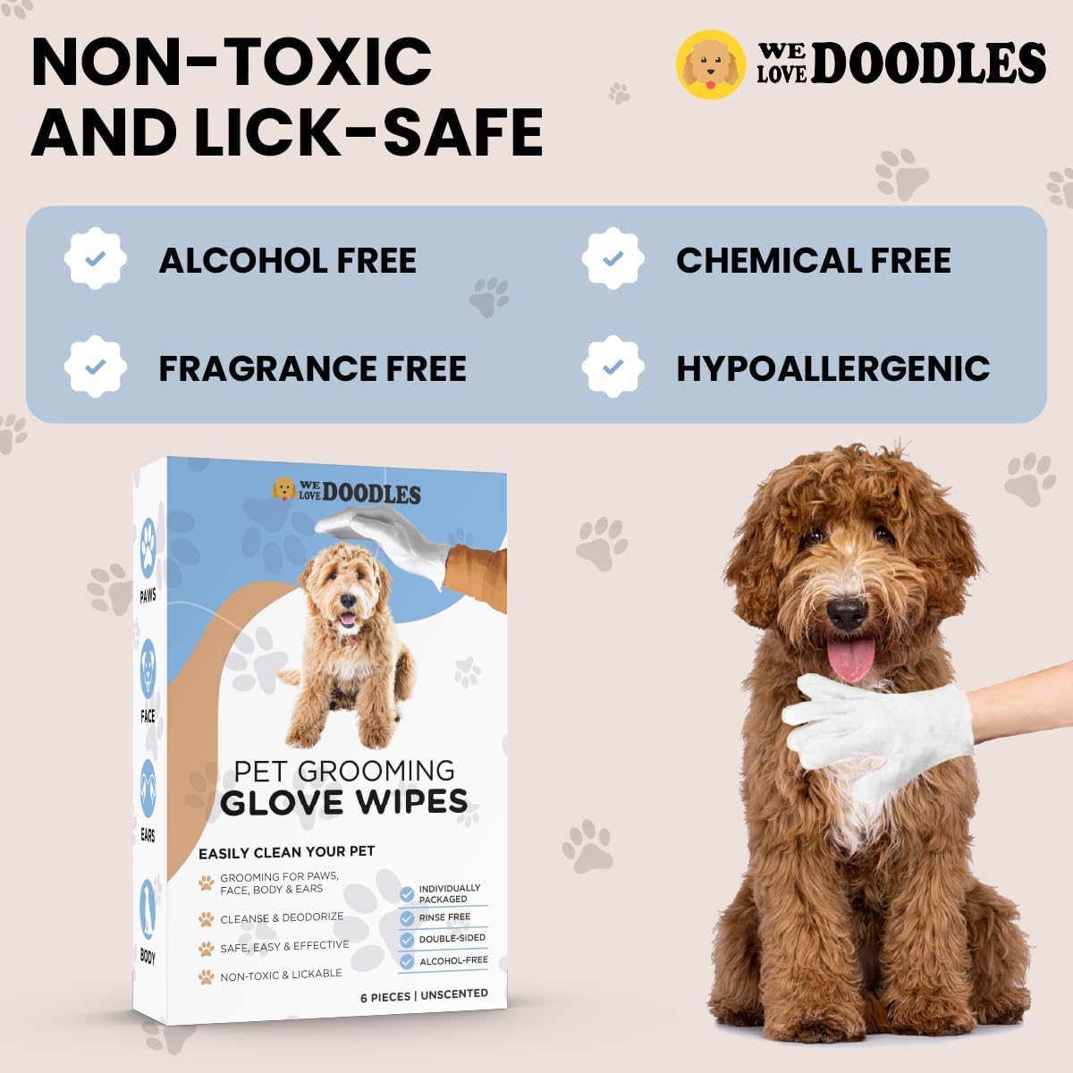 We Love Doodles Dog Cleaning Gloves Wipes - Pet Bathing Wipes for Dogs, Paws, Face, Body, Ears - Safe, Easy & Effective - Individually Packaged, Rinse-Free, Double-Sided, Alcohol-Free 12 PCS
