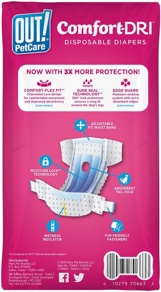OUT! Petcare Disposable Dog Diapers Female, Potty Training, Female Dog Diapers, Puppy Training, Pet Supplies, For Incontinence, Puppy Essentials, 18”- 25” Waist, Medium/Large, 14 Count