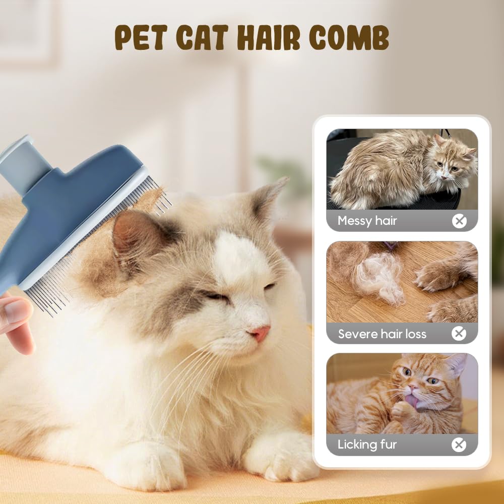 Flea Comb for Cats & Dogs, 2025 New Pet Hair Removal Comb with Release Button, Pet Grooming Brush Cat Dog Combs, Self-Cleaning Cat Brush for Short and Long Hair Cats (2 Pcs)