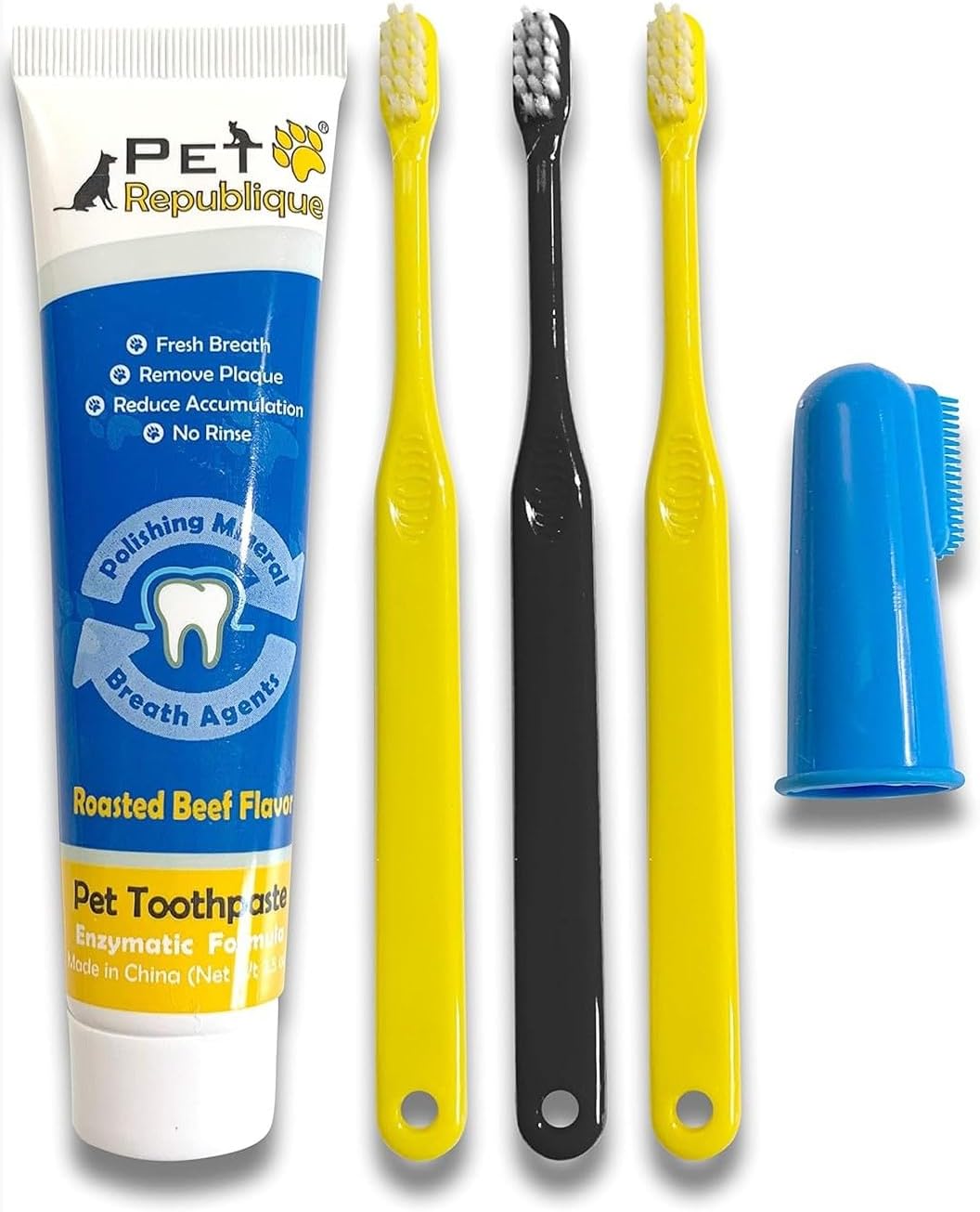 Pet Republique Enzymatic Dog Toothpaste Kit with Toothbrushes (1 Finger & 3 Handle Toothbrushes, Beef)