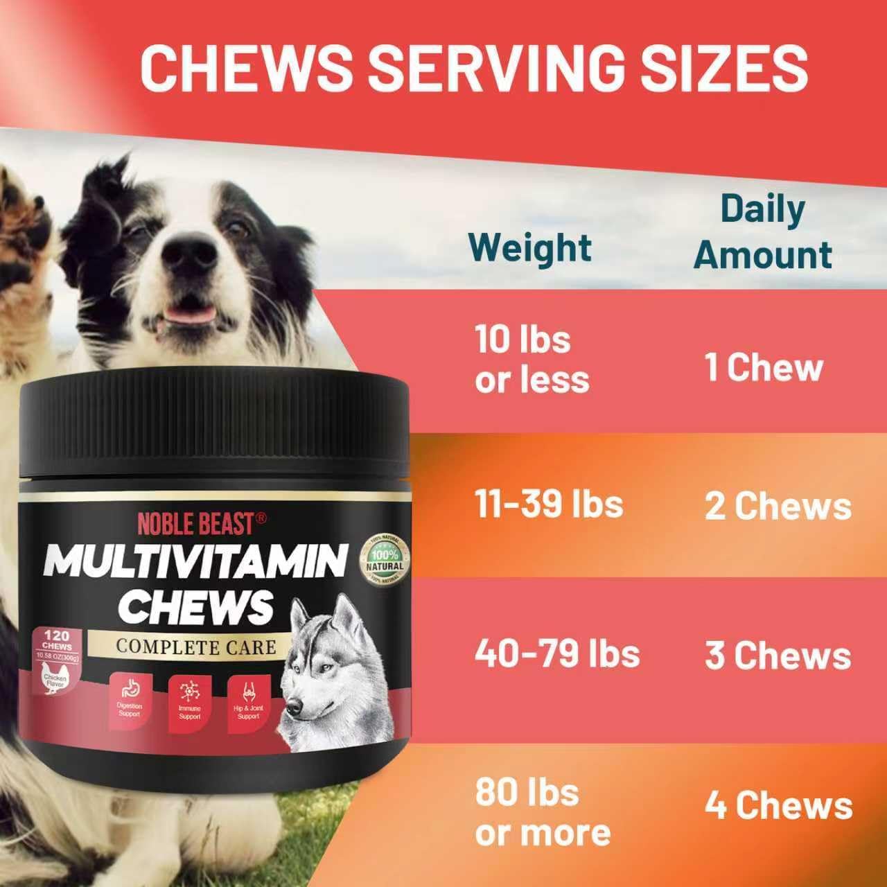 Noble Beast Dog Multivitamin Supplements, Soft Chews with Probiotics, Glucosamine Chondroitin Joint Support, Digestive Enzymes, Immune Support Vitamins for Skin & Coat, Chicken Flavor - 120 Count