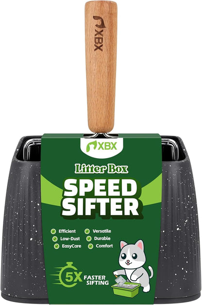 XBX Cat Litter Scoop with Holder, Heavy Duty Litter Sifter, Stainless Steel Litter Shovel, Litter Scooper with Beech Wood Grip and Washable Stand, Perfect for Cat Litter Box Cleaning