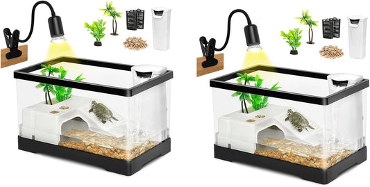 AZV Black Small and Large Turtle Tank Kit,PC Starter Aquarium Indoor,Red Eared Slider Aquatic for Baby Tortoise,Include Basking Platform*1,Filter*1,Filter Plates*2,Plants*2,Lamp*1,Bulb*1,Stone*1
