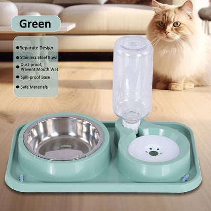 Dog Bowls, Non-Slip Puppy Cat Food and Water Bowl Set with Water Dispenser and Stainless Steel Bowl Detachable Gravity Pet Feeder and Waterer Set for Dogs (Green, 1000ML)