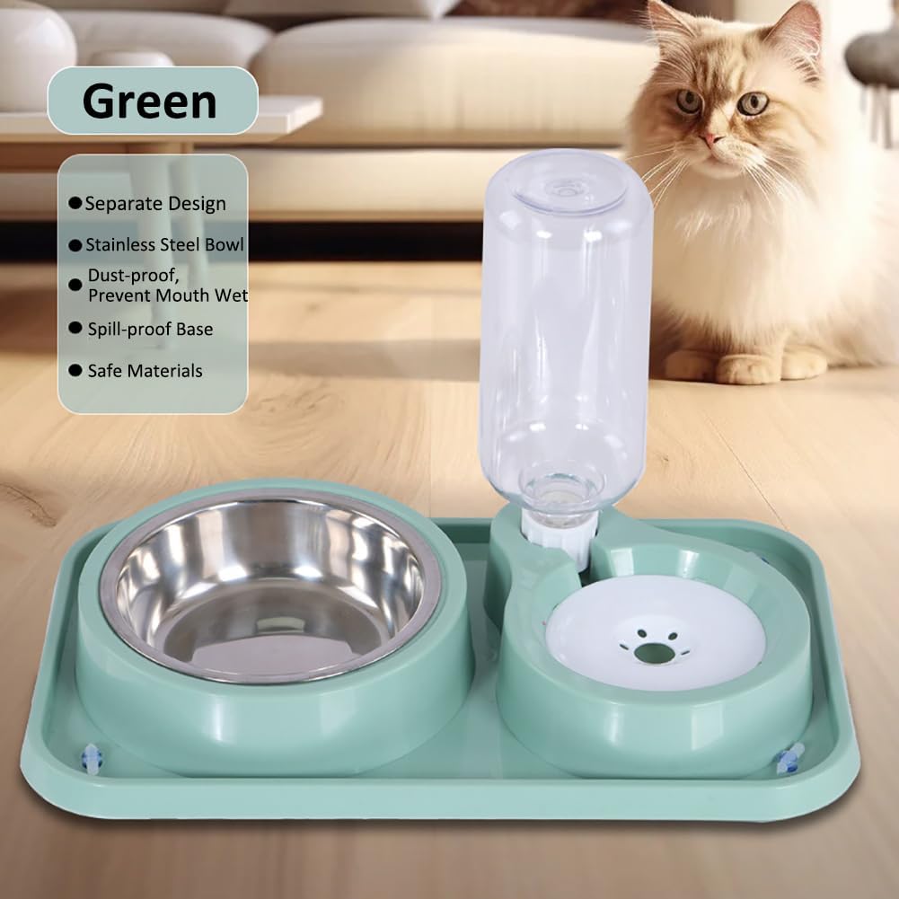 Dog Bowls, Non-Slip Puppy Cat Food and Water Bowl Set with Water Dispenser and Stainless Steel Bowl Detachable Gravity Pet Feeder and Waterer Set for Dogs (Green, 1000ML)