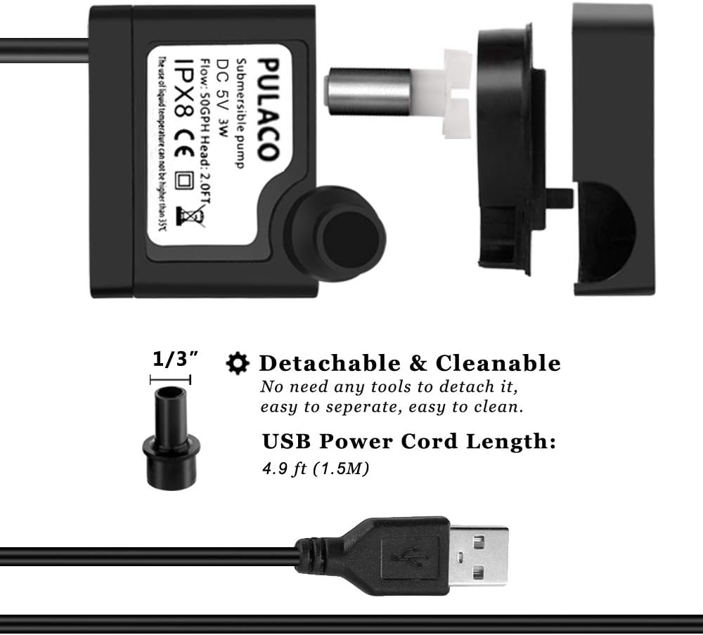 PULACO DC 5V USB Mini Submersible Water Pump with Tubing for Pet Fountain, Aquarium Fish Tank, Pond, Fountain, Hydroponics