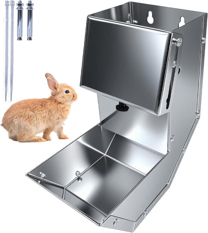 Rabbit Feeder - Small Animal Stainless Steel Gravity Feeding Trough with Lid, Outdoor Durable Cage Feeder Holds Several Days' Food (4 Inch/1.5Lbs)