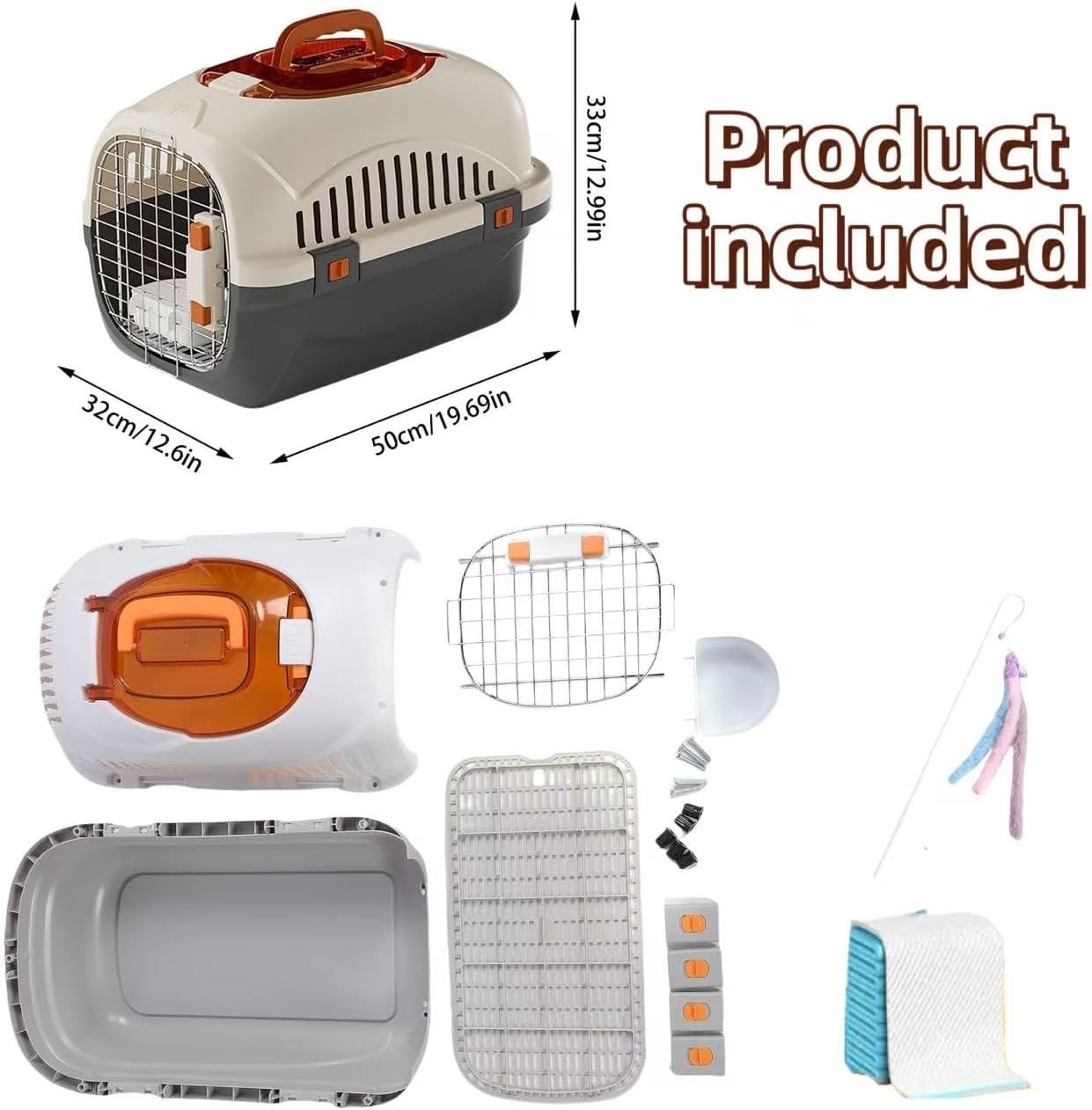 Hard Top Load Cat Carrier,Airline Pet Carrier,Cat Carrier Hard Shell, 360° Ventilation, Front Metal Door, Secure Latches,Includes Feather Wand,Hiking Car Travel Crate for Cats Small Dogs (Gray Set)